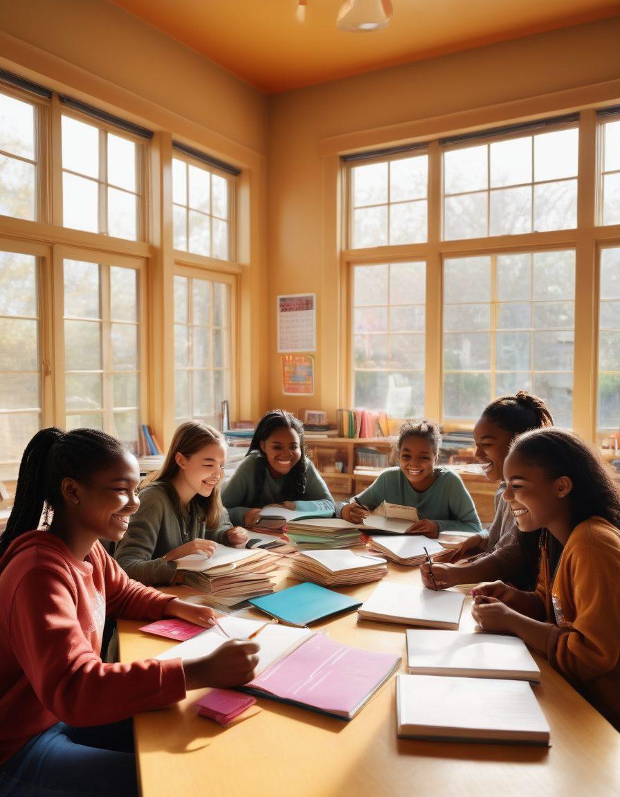 A diverse group of students eagerly collaborating around a large table covered with books, laptops, and colorful stationery. Show bright smiles on their faces, a chalkboard filled with inspirational quotes in the background, and sunlight streaming through large windows. Capture an atmosphere of joy and teamwork, illustrating the importance of collaboration in learning. warm colors. super-realistic. educational setting.