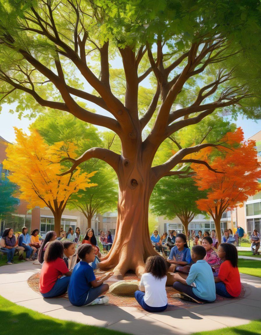 A vibrant, bustling scene in a colorful schoolyard, with students of diverse backgrounds collaborating and sharing ideas under a large tree. In the background, cheerful teachers engage with learners, and art pieces created by the students are displayed around. The atmosphere is warm, filled with laughter and creativity, symbolizing a thriving educational community. bright colors. illustration. dynamic style.