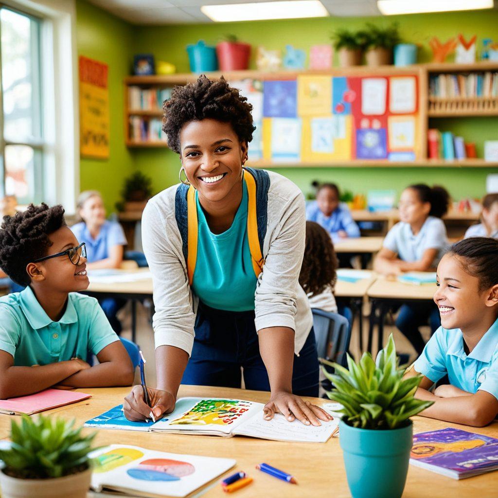A vibrant, sunny classroom filled with diverse students engaged in cheerful learning activities, showcasing colorful learning tools and engaging displays. Include a teacher encouraging creativity, with smiles radiating all around, surrounded by plants and artistic decorations. Capture a sense of community and joy, emphasizing collaboration and enthusiasm in education. bright colors, super-realistic, inviting atmosphere.